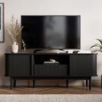 MAISONARIA Living Room Table Sets of 4, Sliding Doors End Table & TV Stand, Wood Coffee Table with Storage, Fluted TV Stand for Bedroom, Living Room (Black)
