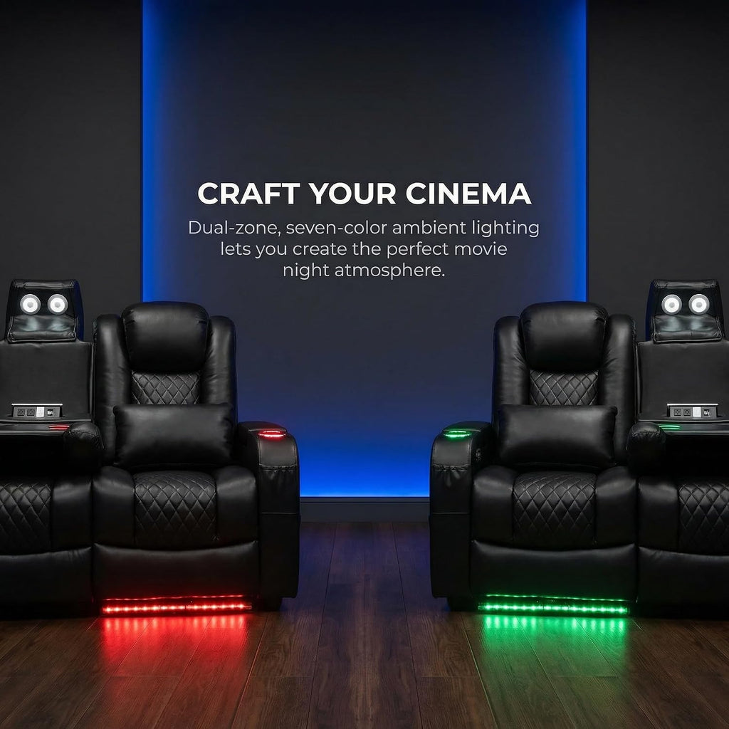 Airadlis Dual Power Home Theater Seating with 7-Color LED, Black, Row of 3 | Zero gravity recliner sofa, USB and Type-C charging, swivel tray and cup holder, lumbar pillow, 4” wall clearance