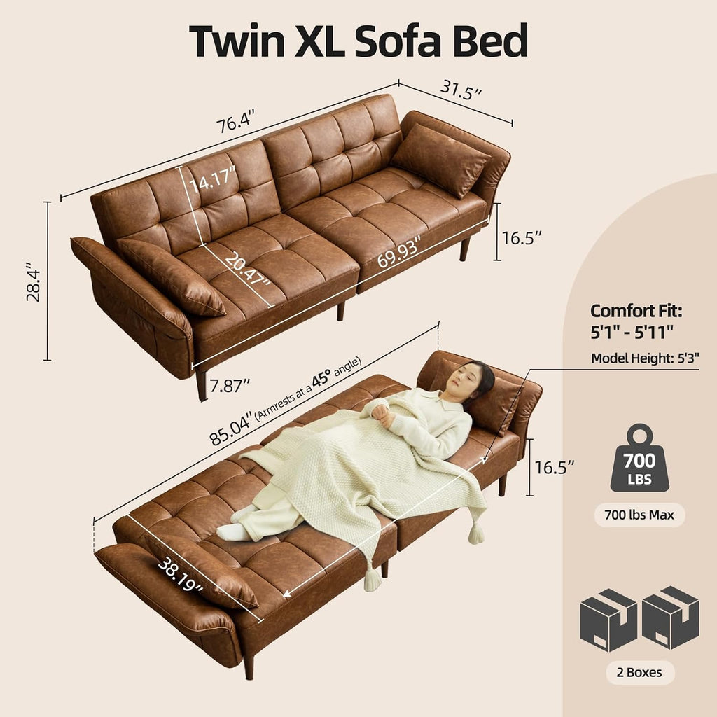 HALLYBEE 85" Futon Faux Leather Couch with Adjustable Armrests Brown | Futon Sofa Bed, Sleeper Sofa, Small Couch with Pillows, Side Pockets, Mid Century Modern, Living Room, Bedroom, Apartment