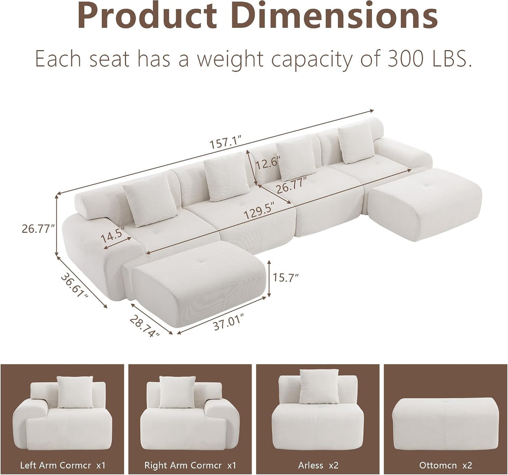 L-Shaped Modular Sectional Sofa, Sectional Couch, Oversized 3-Seater Cloud Couch with Deep Seat and Movable Ottoman for Living Room, Apartment (Beige, 3 Seater with 2 Ottoman)