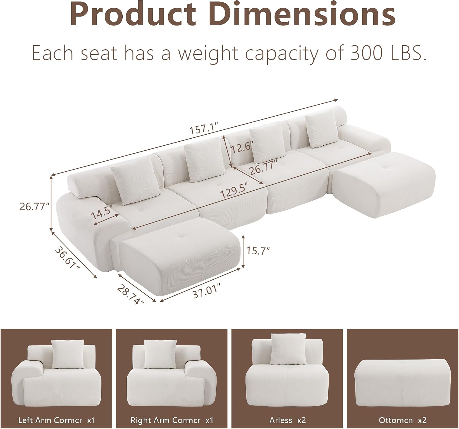 L-Shaped Modular Sectional Sofa, Sectional Couch, Oversized 3-Seater Cloud Couch with Deep Seat and Movable Ottoman for Living Room, Apartment (Beige, 3 Seater with 2 Ottoman)