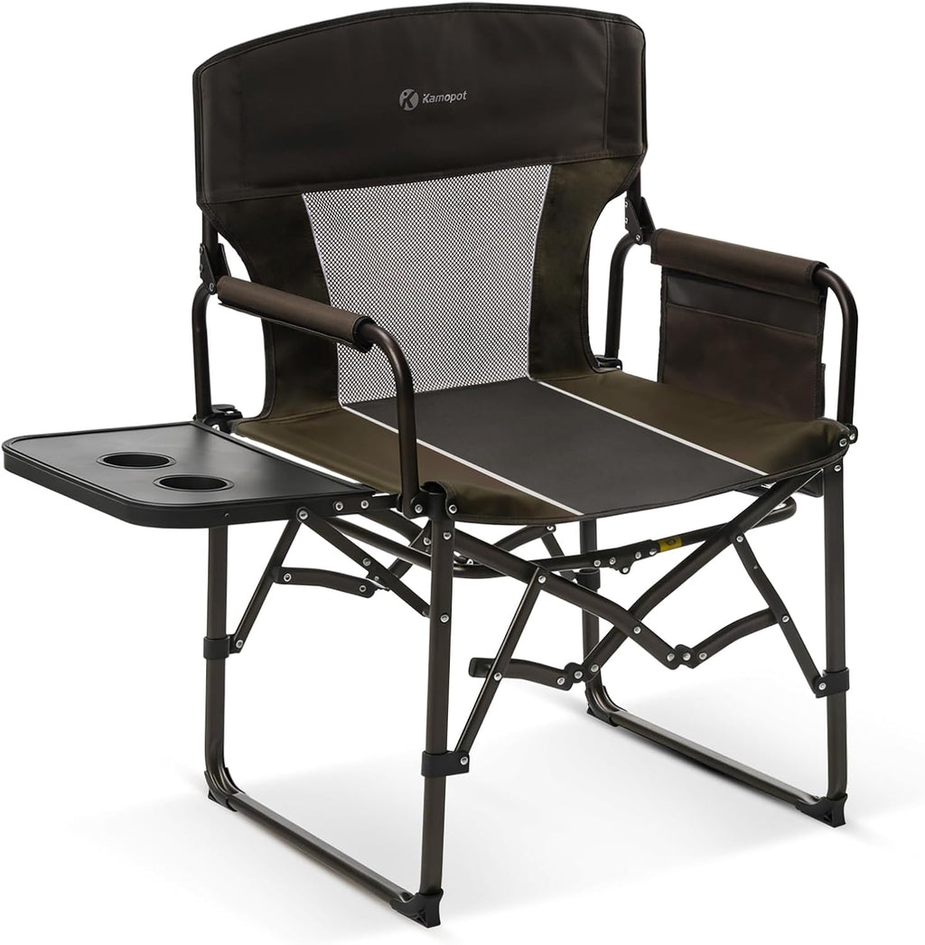 Directors Chair Foldable with Side Table, 400lb Heavy Duty for Adults Outdoor, Folding Camping Chair for Sideline Sports, Fishing, Patio, Lawn, Picnic, Beach, 1-Pack Brown