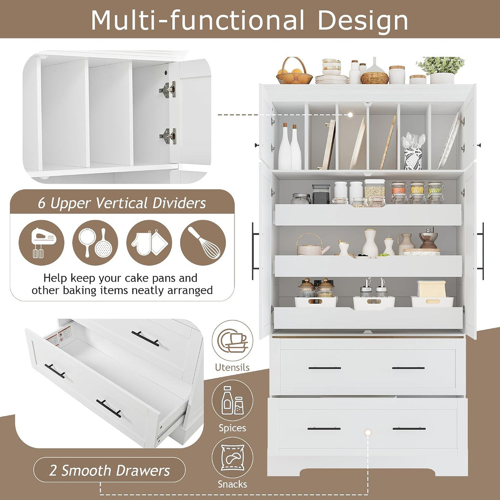 Harper & Bright Designs 72" Tall Farmhouse Kitchen Pantry with 2 Cabinets & 2 Drawers, Modern Storage Cabinet with 3 Pull-Out Trays & 4 Doors, Freestanding Cupboard for Kitchen, Dining Room,White
