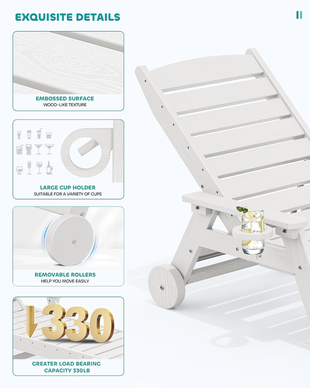 SERWALL Patio Chaise Lounge Chair Set of 2, 78'' Long 5-Positions Adjustable HDPE Outdoor Lounger for Pool, Poly Lounge Chair with Rolling Wheels & Cup Holder for Poolside, Deck, White