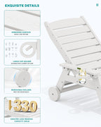 SERWALL Patio Chaise Lounge Chair Set of 2, 78'' Long 5-Positions Adjustable HDPE Outdoor Lounger for Pool, Poly Lounge Chair with Rolling Wheels & Cup Holder for Poolside, Deck, White