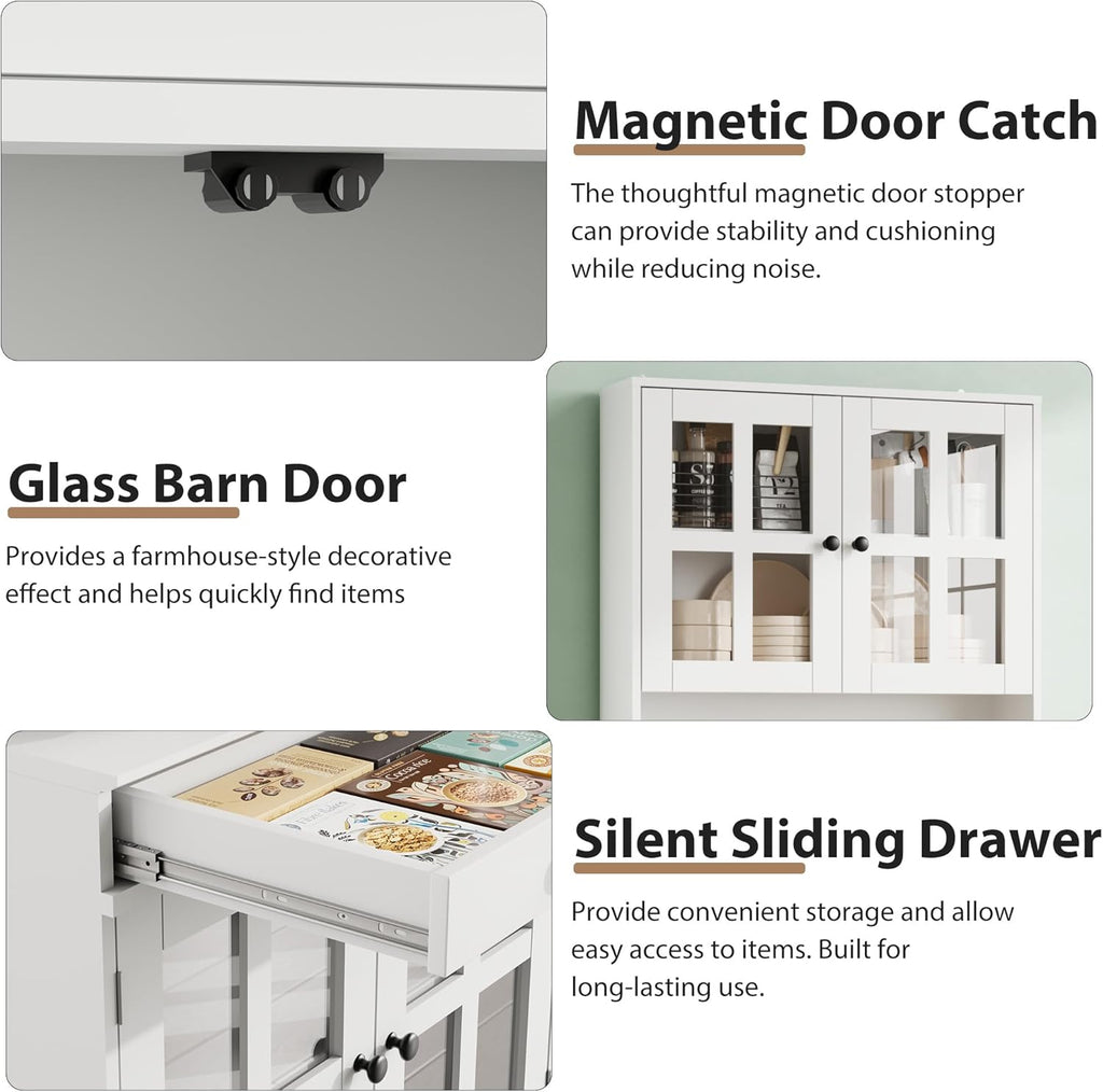 Garvee 72 Inch Kitchen Pantry Cabinet with Glass Doors, Drawer and Adjustable Shelves, Farmhouse Tall Storage Cabinet with Open Countertop, Coffee Bar Cabinet for Coffee Corner, White | Adjustable Shelves, Open Countertop, Perfect as Coffee Bar Cabinet