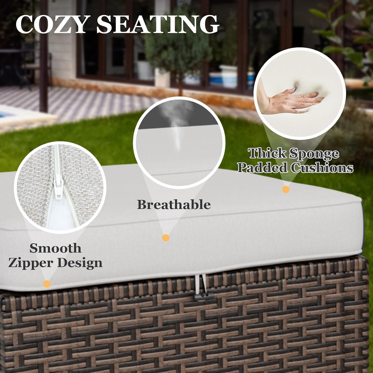 EAGLE PEAK Ocean Vista 2 Piece Wicker Patio Ottoman Set Weather-Resistant Cushions for Patio Deck Backyard Poolside, Beige