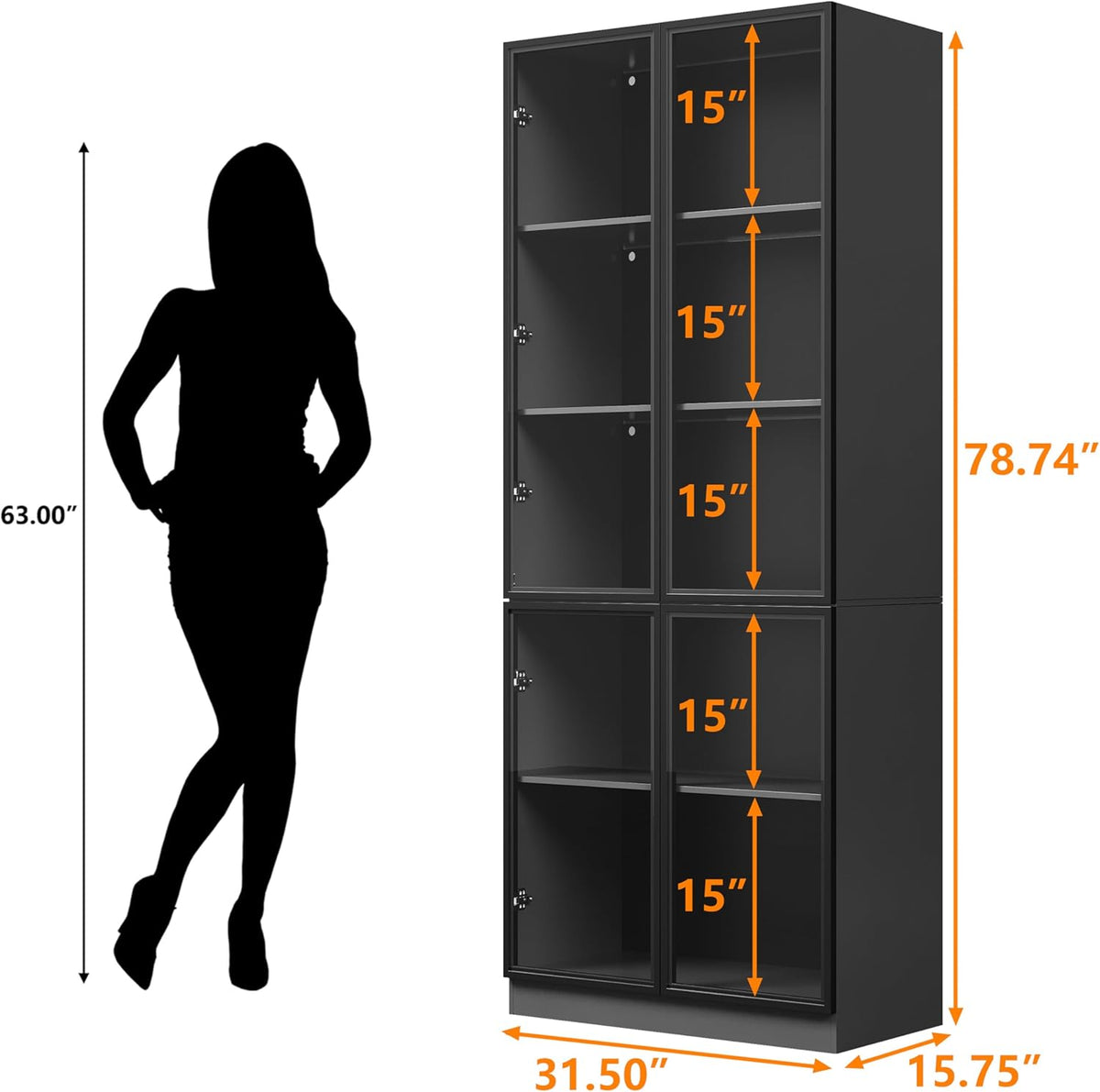 Wildhome 79'' Tall Glass Display Cabinet with LED Lights,Showcase with Glass Doors,5-Tier Curio Cabinet for Collectibles Bookcase,Storage Shelf, Bookcase (Black- 5 Layers, Large)