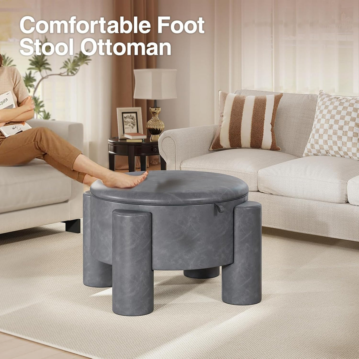 FiveWillowise 24 Inch Round Small Ottoman with Storage,Faux Leather | 24" Coffee Table,Storage Ottomans with Removable Top,Upholstered Vanity Stool for Small Spaces,Living Room,Apartment,Grey
