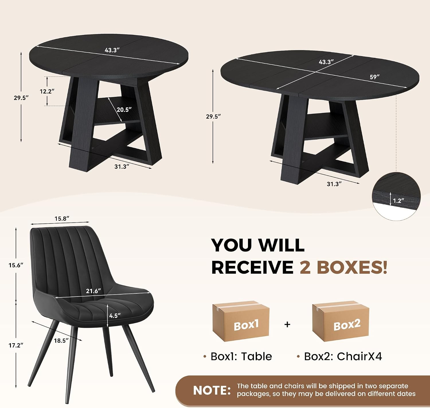 Miereirl Round to Oval Dining Table Set for 4-6, Expandable Kitchen Table with Upholstered Chairs, Dining Room Furniture Set with Hidden Storage Shelf, Space-Saving Dining Set for Apartment