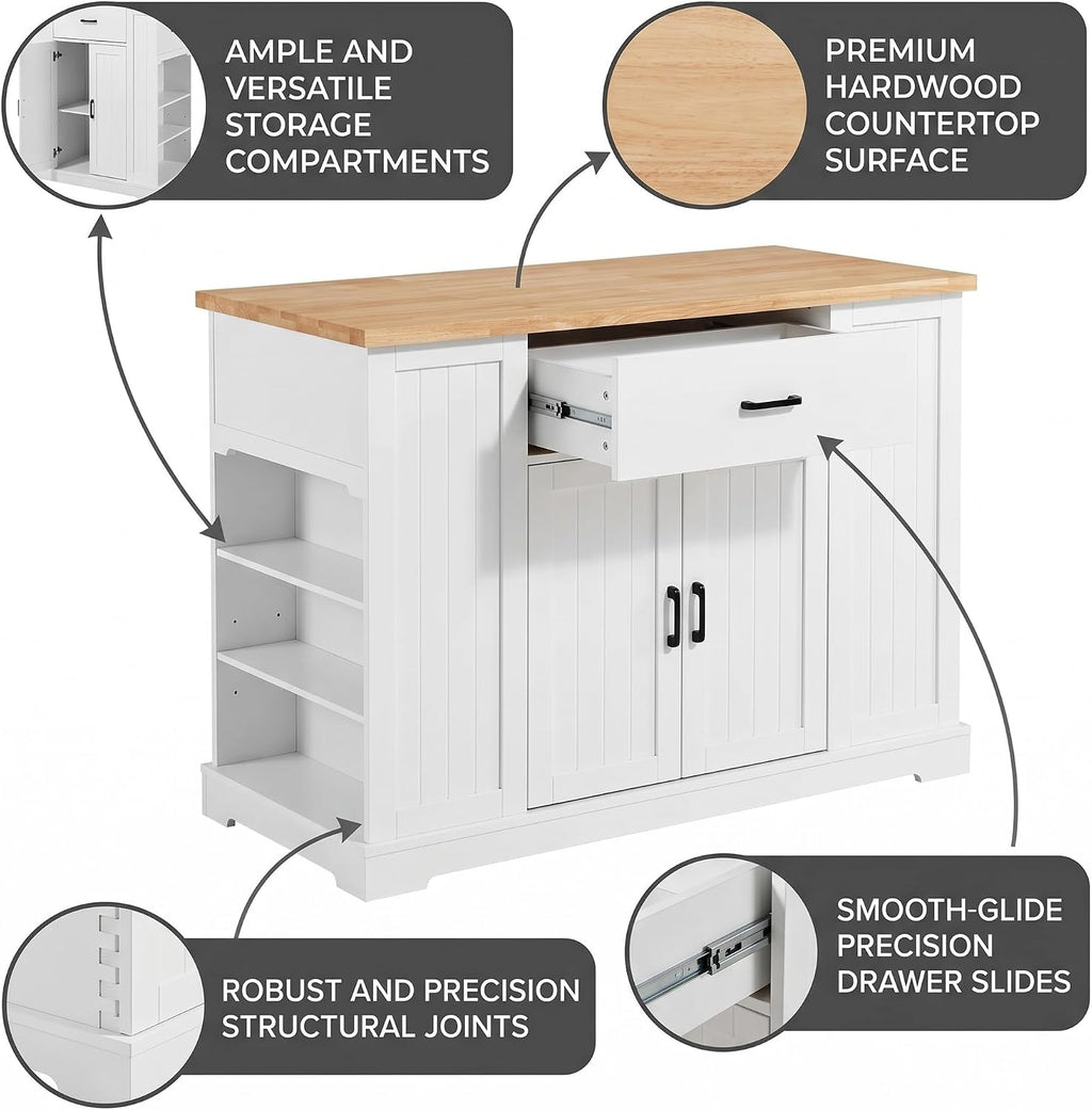 46 Inch Kitchen Island Cart with Storage Cabinet, Wood Top Breakfast Bar with Drawer, Multifunctional Kitchen Table with