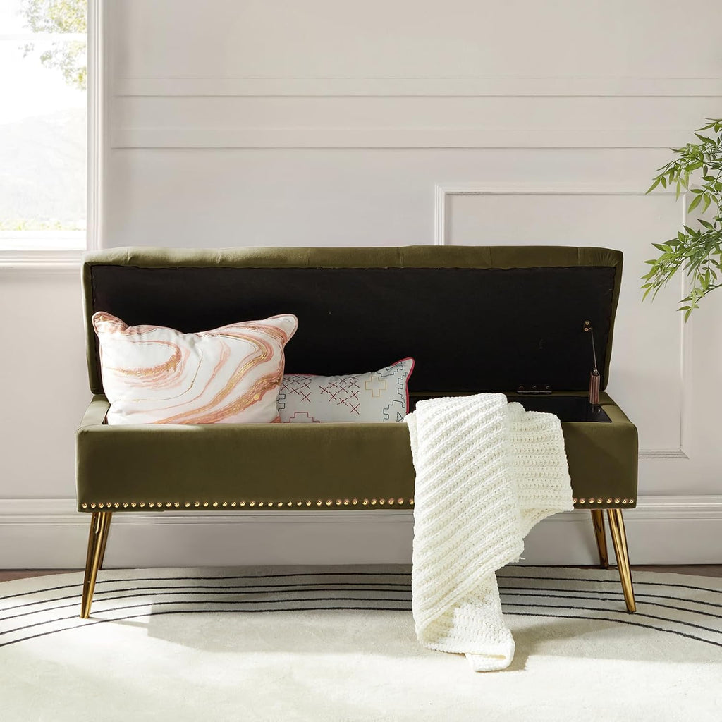 HULALA HOME Modern Velvet Storage Ottoman Bench with Gold Base & Nailhead Trim, Upholstered Bedroom Bench for End of Bed, Button-Tufted Footstool for Entryway Living Room Dining Room, Moss