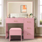 DWVO Makeup Vanity Table with 3 Light Modes | 4 Storage Drawers, Built‑in Power Outlets & Hairdryer Holder, Makeup Table with Cushioned Stool