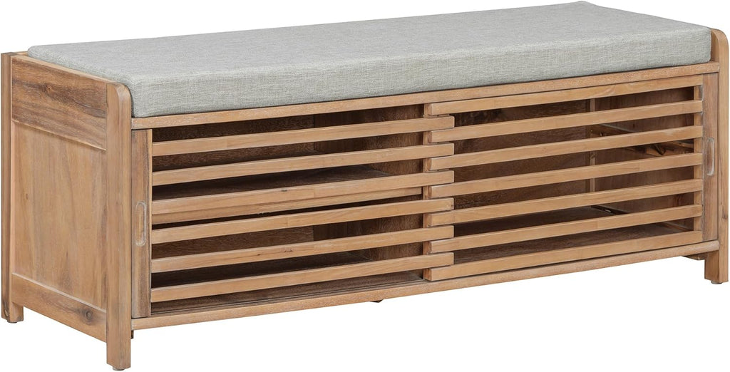 Ball & Cast Entryway Storage Bench with Shutter Doors, 43.3" Wooden Shoes Organizer, Modern Movable Upholstered Seat Entryway Shoe Rack Cabinet for Hallway Living Room, Natural White