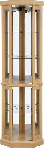 Tall Corner Cabinet with Glass Doors, Lighted Glass Display Curio Cabinet with Adjustable Shelves, Home Office Floor Standing Display Cabinets for Bar, Liquor Storage and Medal, Light Oak
