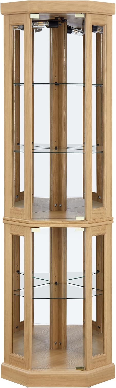 Tall Corner Cabinet with Glass Doors, Lighted Glass Display Curio Cabinet with Adjustable Shelves, Home Office Floor Standing Display Cabinets for Bar, Liquor Storage and Medal, Light Oak