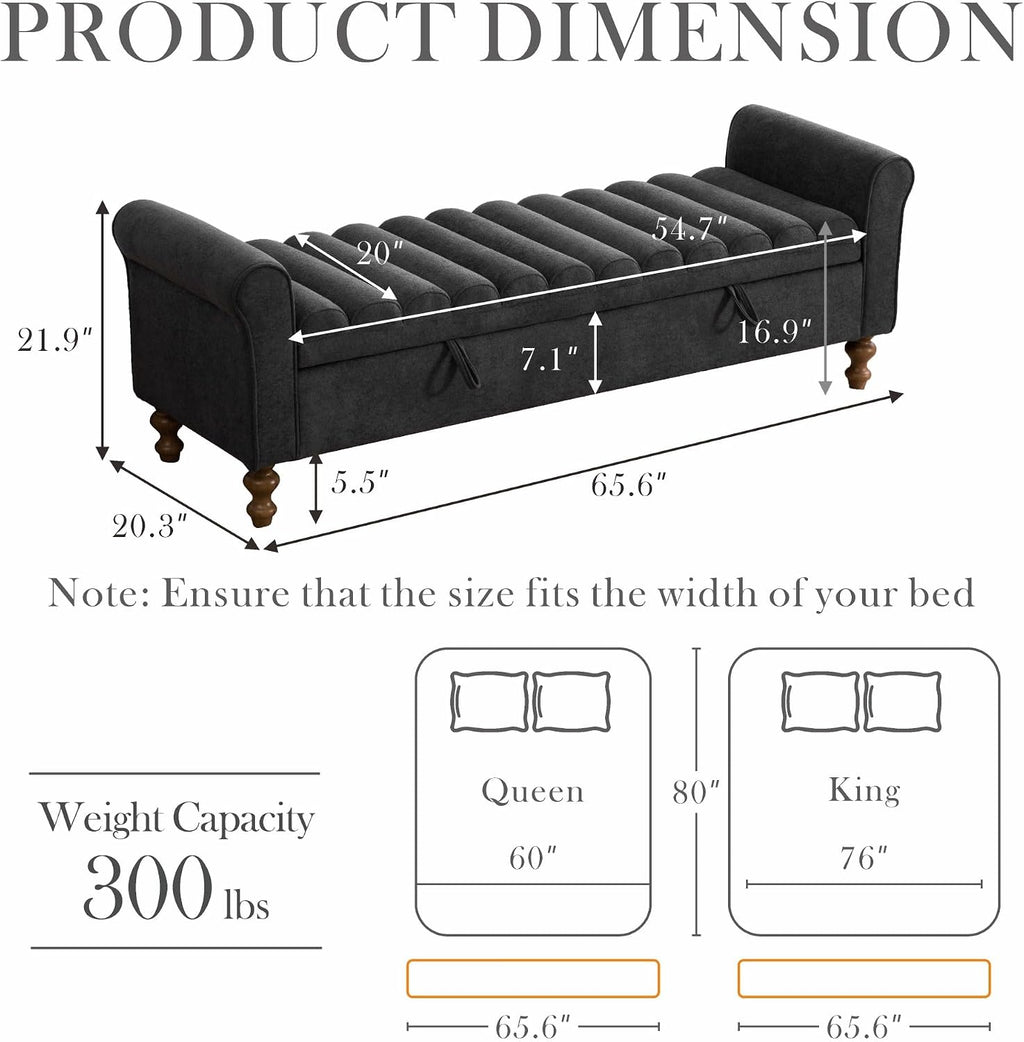 Aoiy & Wifon 65.55" W Large Storage Ottoman Bench, King Size End of Bed Storage Bench with Wood Legs, Upholstered Window Bench for Bedroom, Living Room, Entryway, Charcoal