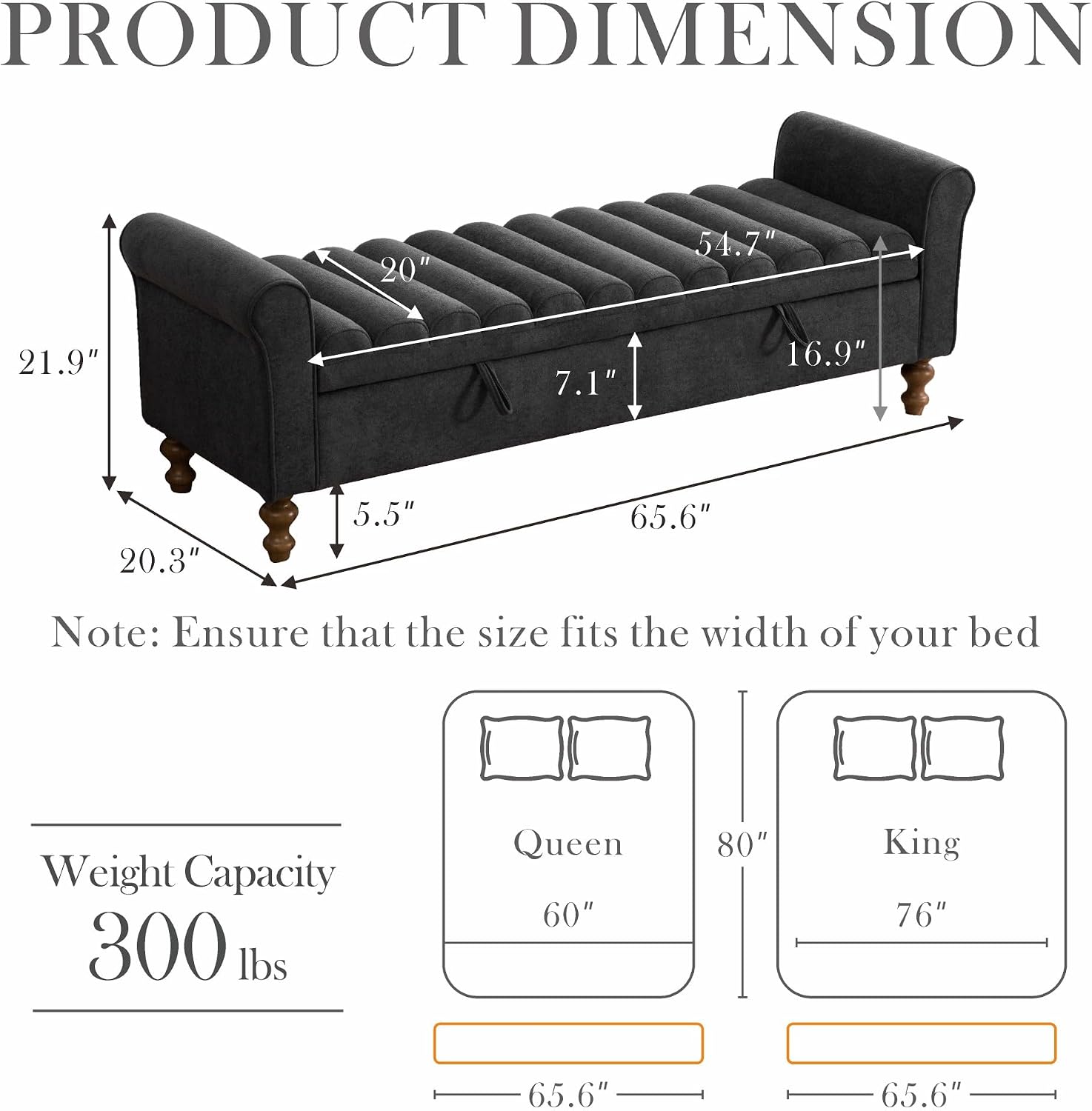 Aoiy & Wifon 65.55" W Large Storage Ottoman Bench, King Size End of Bed Storage Bench with Wood Legs, Upholstered Window Bench for Bedroom, Living Room, Entryway, Charcoal