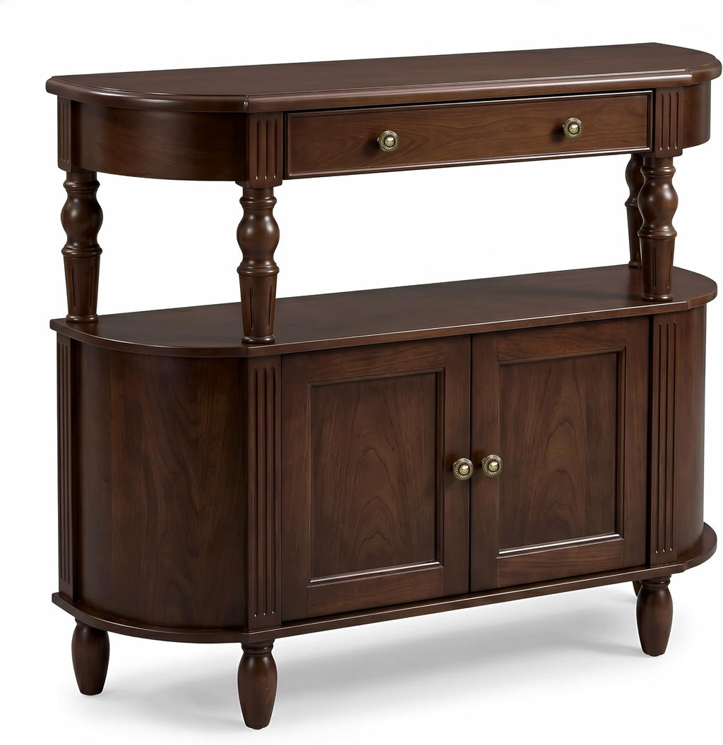 Curved Console Table with Solid Wood Legs, 47" Half Moon Sofa Table with Storage, Drawer & 2-Doors, Real Wood Veneer, Adjustable Shelf, Anti-Tip, Entryway Table for Living Room/Hallway,Walnut