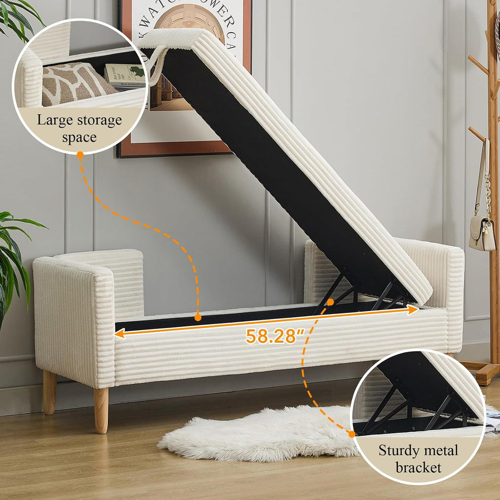 65.35" Storage Bench, Corduroy Upholstered End of Bed Bench with Bolster Pillows, Modern Storage Bench with Natural-Patterned Wooden Legs, Comfy Entryway Bench for Entryway (Beige)