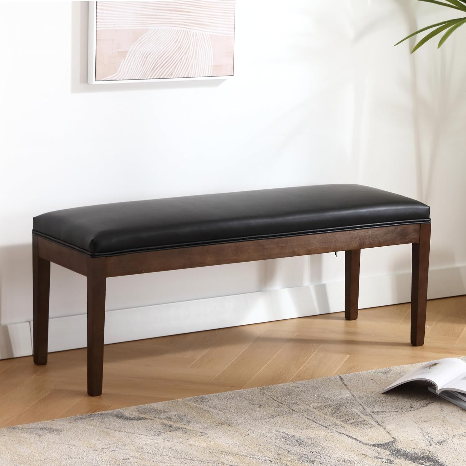 PU Leather Entryway Bench Farmhouse Dining Benches Upholstered Bedroom Bench Shoe Bench Seat for Hallway Living Room Bedroom End of Bed, 16" D x 45.5" W x 18.75" H, Black