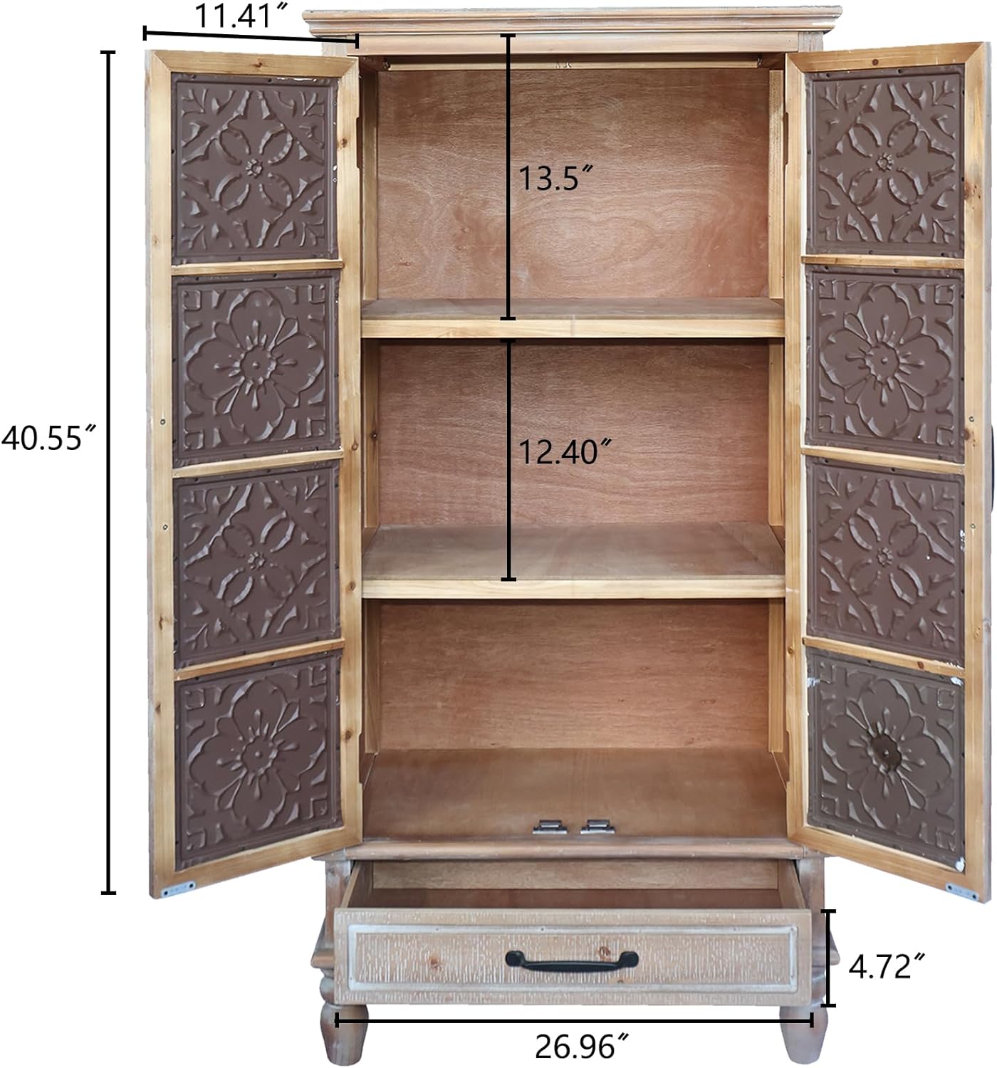 LKTART KTART 55'' Tall Kitchen Cabinet,Narrow Pantry Storage Cabinet with Shelves and Drawers,French Country Accent Cabinet,Solid Wood China Cabinet with Embossed Floral Metal Doors,Natural Wood