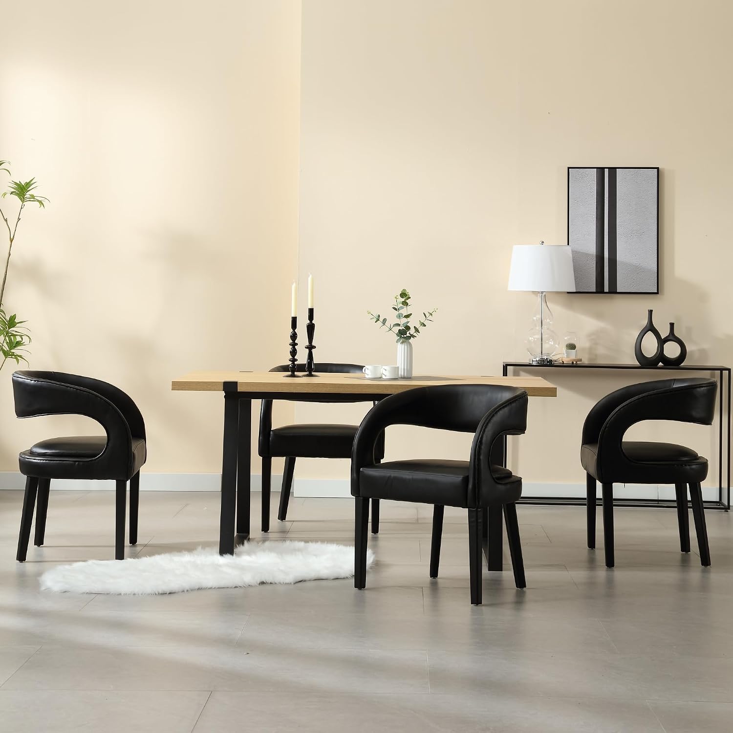 Shunzhi Black PU Leather Dining Chairs Set of 4, Modern Upholstered Dining Room Chairs, Barrel Kitchen Chairs with Arms/Open Back, Comfy Accent Side Chairs for Bedroom/Living Room