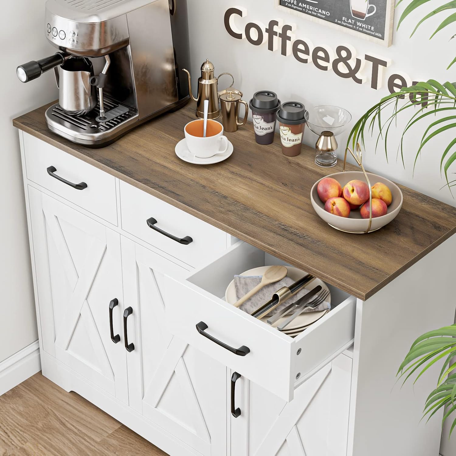 HOSTACK Kitchen Buffet Cabinet with Storage, Sideboard Coffee Bar, White | Farmhouse Kitchen Storage Cabinet with 3 Drawers & Adjustable Shelf, 42.5"W Buffet Table for Dining Living Room