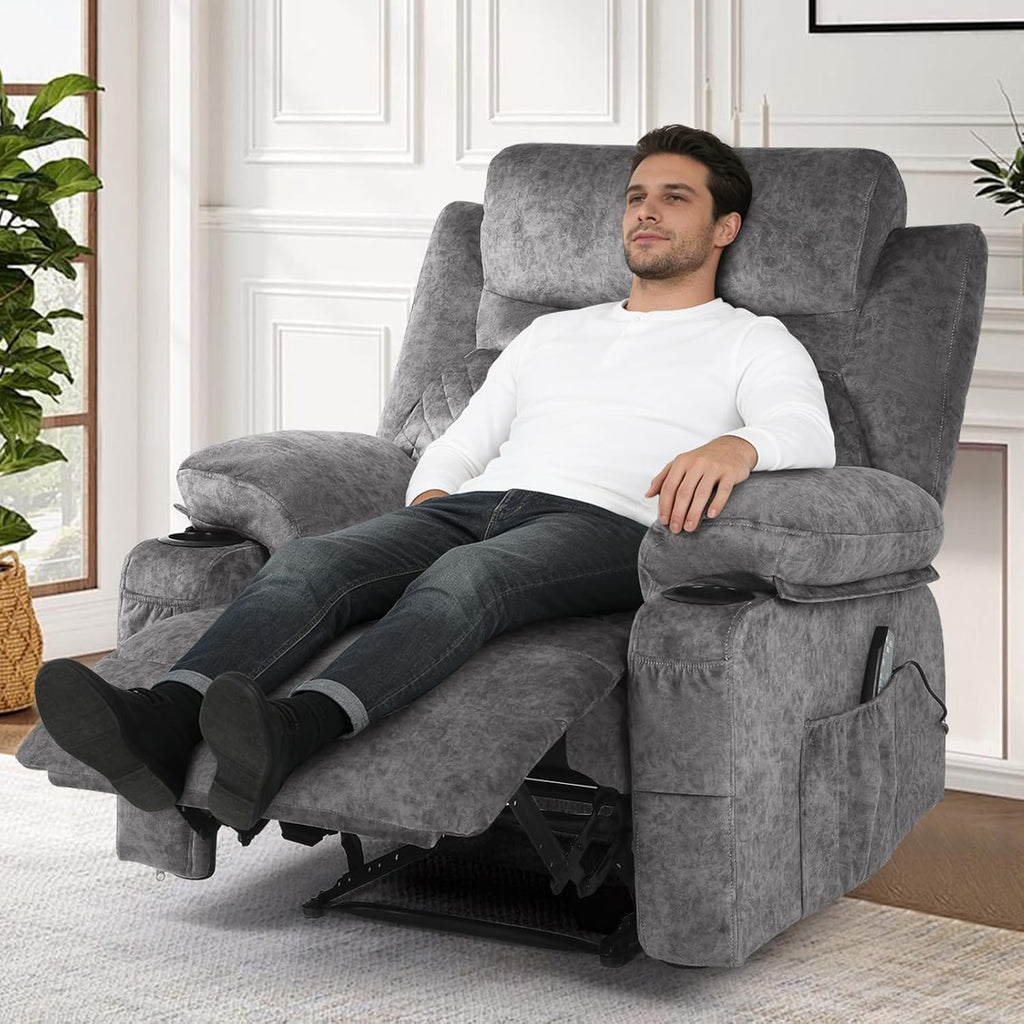 Overstuffed Massage Recliner Chair with Heat, Wide Seat Reclining Chair for Home Theater, Heated Massaging Manual Recliner Chairs with Cup Holders, Grey