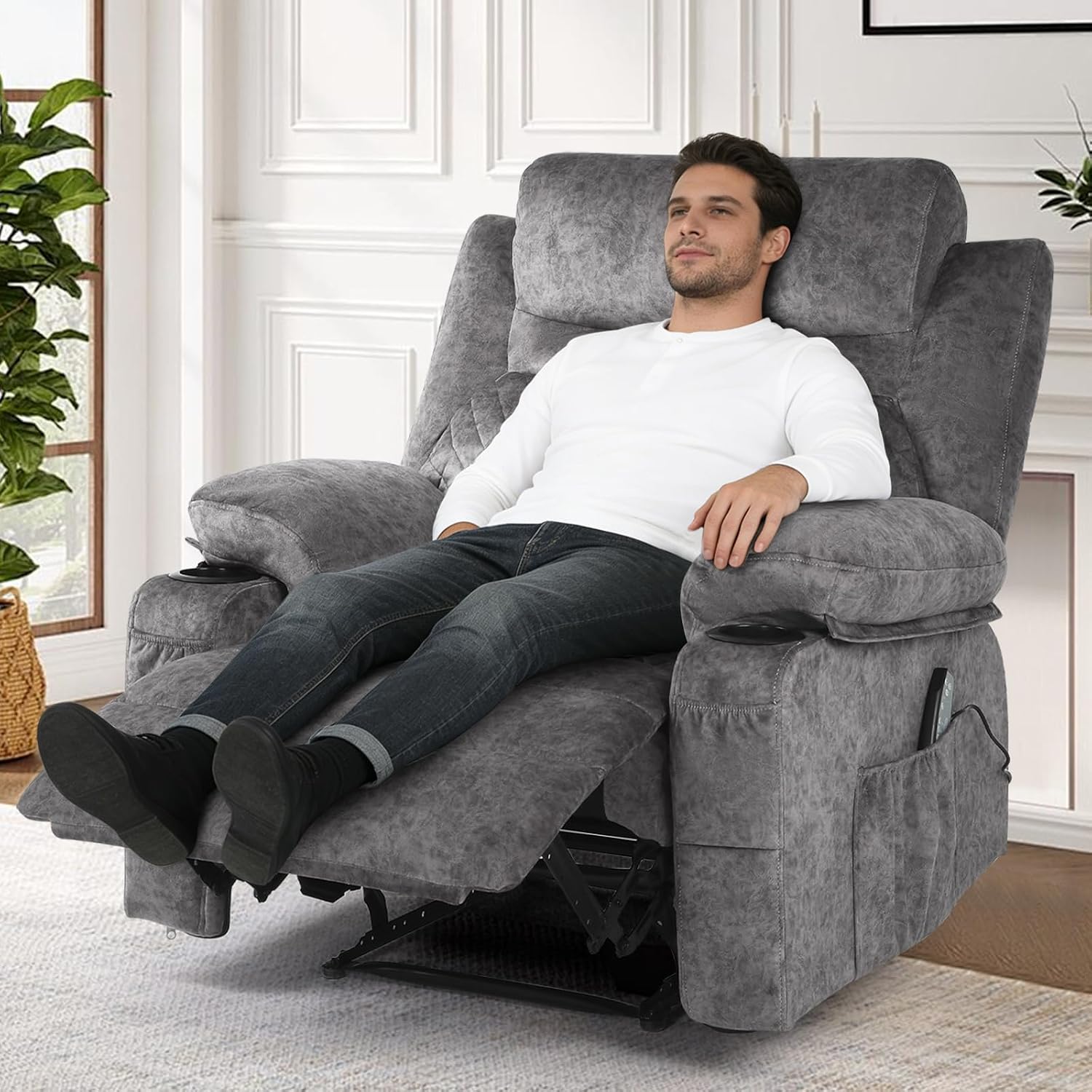 Overstuffed Massage Recliner Chair with Heat, Wide Seat Reclining Chair for Home Theater, Heated Massaging Manual Recliner Chairs with Cup Holders, Grey
