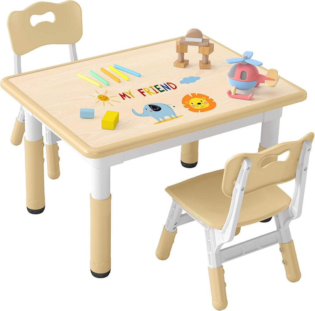 DOREROOM Adjustable Kids Table & 2 Chairs Set, 31.5" L x 23.6" W, Beige-W | Graffiti Desktop,Table Supports 300 lbs,Toddler Ages 2-8，FSC-certified, Children Activity Table for Daycare, Classroom, Home