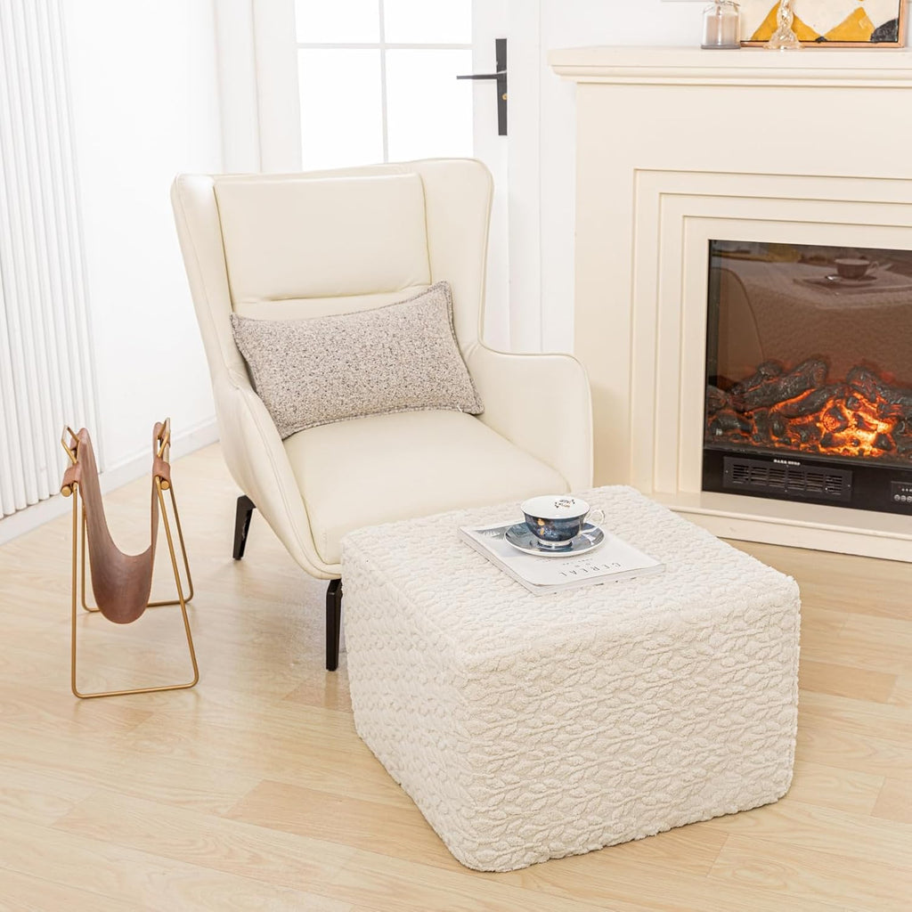 Square Stuffed Pouf Ottoman Poufs with One-Piece Seamless Foam Filling, Furry and Fluffy Pouf Foot Stool, 20 X 14 Floor Poufs Ottoman Foot Rest for Living Room (Cream)