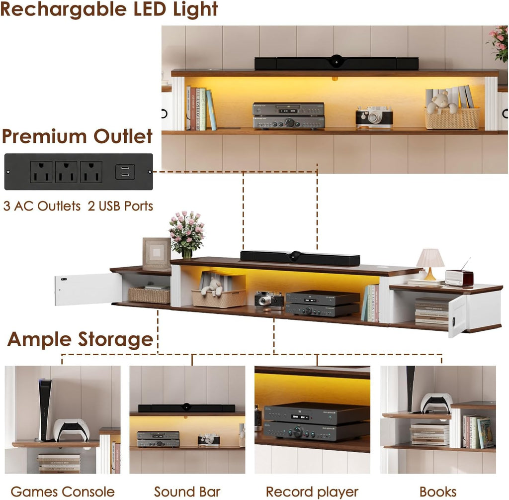Farmhouse Floating TV Stand for 80" TVs, with LED Light & Outlet | 70" Modern Wood Floating TV Shelf, Minimalist TV Stand Wall Mounted for Living Room, Walnut + Antique White
