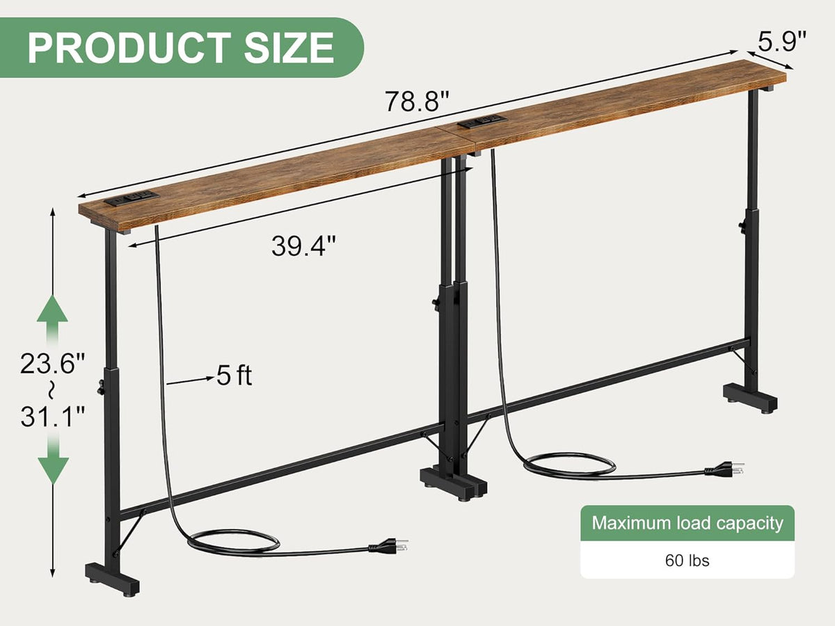 2 Pack 79" Behind Couch Table with Adjustable Height Narrow Console Sofa Table with 2 Power Outlets Long Entryway Table for Hallway Bedroom Living Room Decor Foyer Furniture Rustic Brown