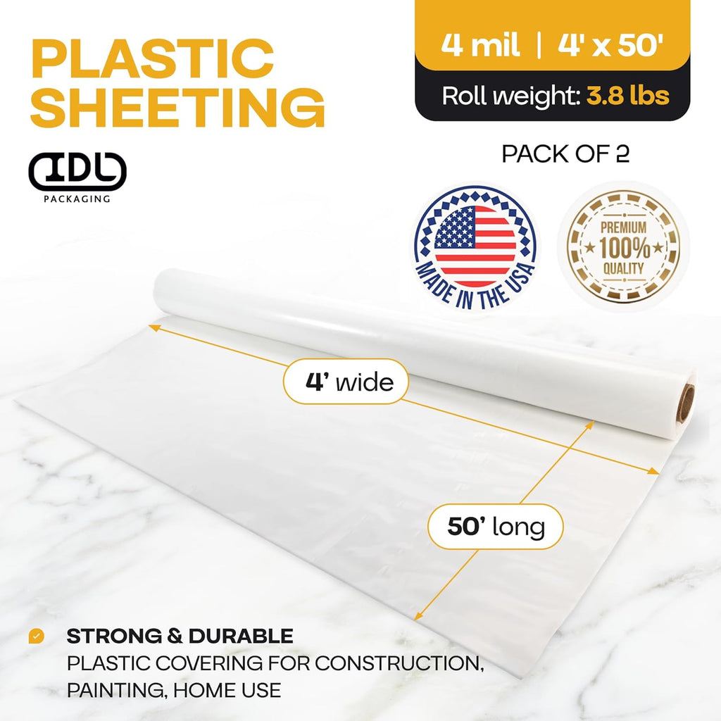 Plastic Sheeting 4 mil, 4' x 50' (200 sq.ft.), Pack of 2 - Thick Semi-Clear Plastic Sheeting for Construction, Painting, Drop Cloth, Slide&Slip - Heavy Duty LDPE Film Roll by IDL Packaging