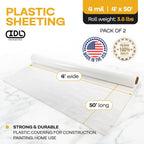 Plastic Sheeting 4 mil, 4' x 50' (200 sq.ft.), Pack of 2 - Thick Semi-Clear Plastic Sheeting for Construction, Painting, Drop Cloth, Slide&Slip - Heavy Duty LDPE Film Roll by IDL Packaging