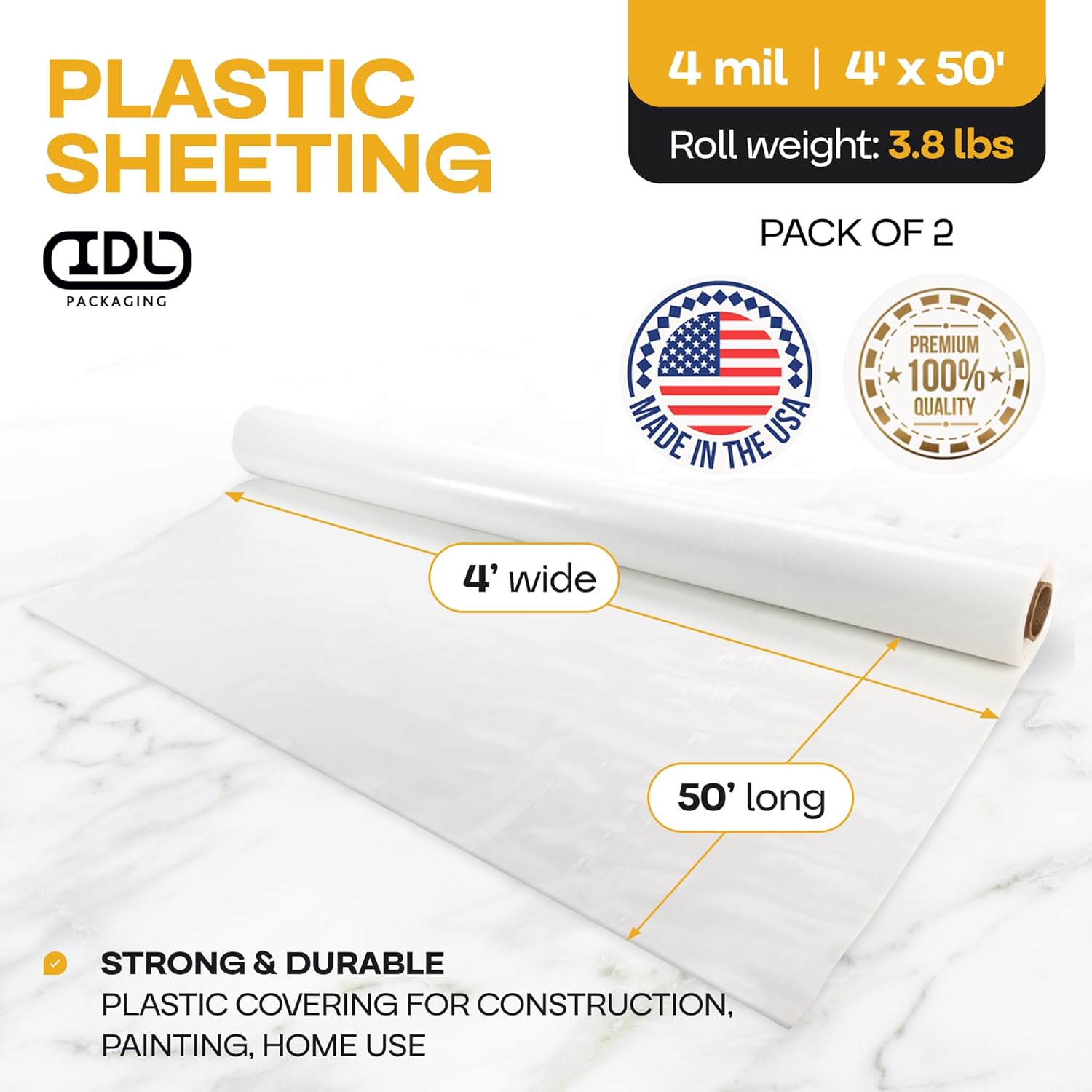 Plastic Sheeting 4 mil, 4' x 50' (200 sq.ft.), Pack of 2 - Thick Semi-Clear Plastic Sheeting for Construction, Painting, Drop Cloth, Slide&Slip - Heavy Duty LDPE Film Roll by IDL Packaging