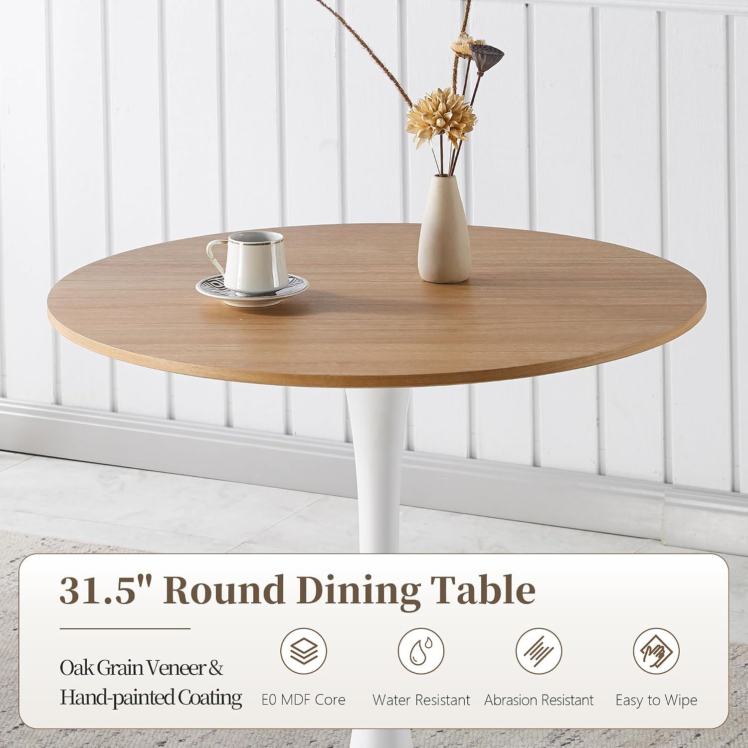 31.5 Inch Round Dining Table,Mid-Century Tulip Table with Metal Pedestal Base,Modern Leisure Table for Small Space Kitchen Dining Room,Easy Assembly,White and Oak