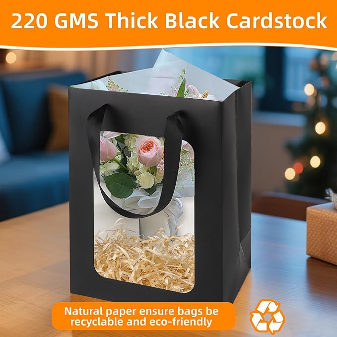 MOXARYSU 12 Pcs Black Gift Bags with Clear Window: 9.8x5.1x7.1 Inch Medium Kraft Paper Bags with Handle For Party Business Birthday Wedding (Black, 12p)