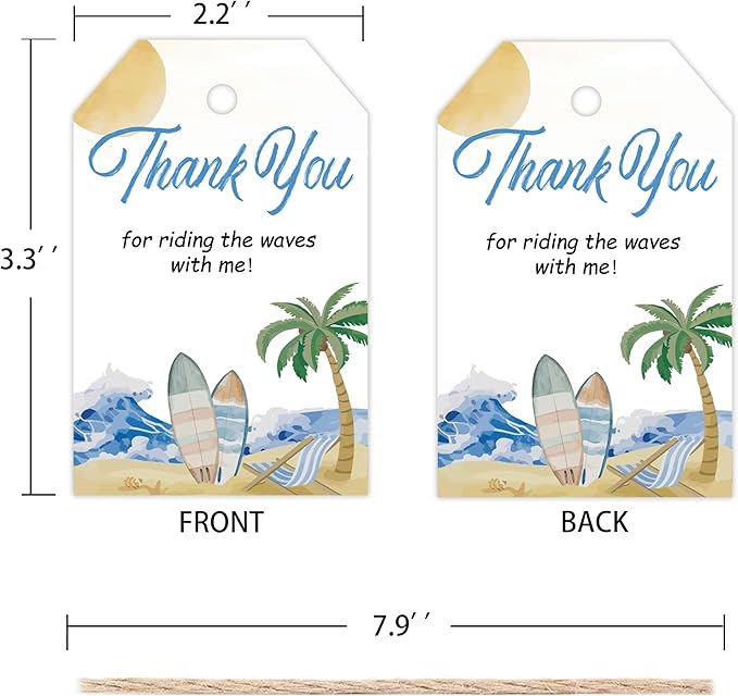 50pcs Surfing Thank You Tags, The Big One Surf Up Favor Tags for Summer Beach Themed Birthday and Baby Shower Party Gift Wrapping Decoration (Surf)