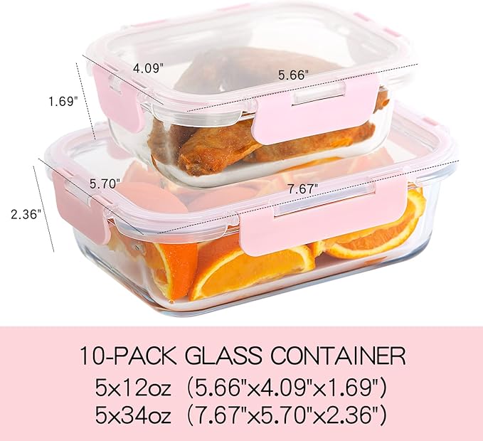 UMEIED 10 Pack Glass Food Storage Containers with Lids Leakproof, Airtight Glass Meal Prep Containers For Lunch, On The Go, Leftover, Dishwasher Safe