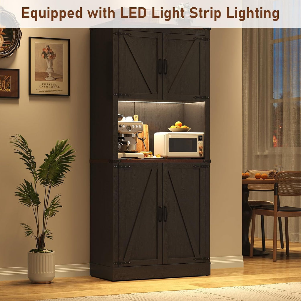 72" Tall Farmhouse Kitchen Pantry Cabinet with LED Light and Power Outlet,Modern Farmhouse Kitchen Storage Cabinet w Load-Bearing Steel Pipe,Barn Doors, Organizer,Food Pantry Cabinets(Black)