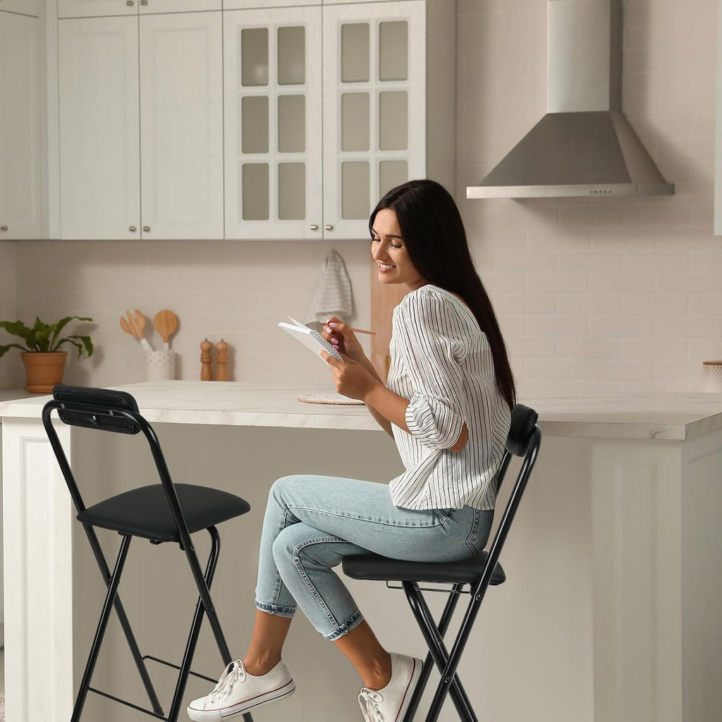 Thyle 1 Pcs Folding Bar Stool with Backrest Counter Height Seat,25.5 Inch | Tall Foldable Design for Kitchen Island Cafe Dining, Portable Space-saving, Leather Padded Seat Back, Metal Frame