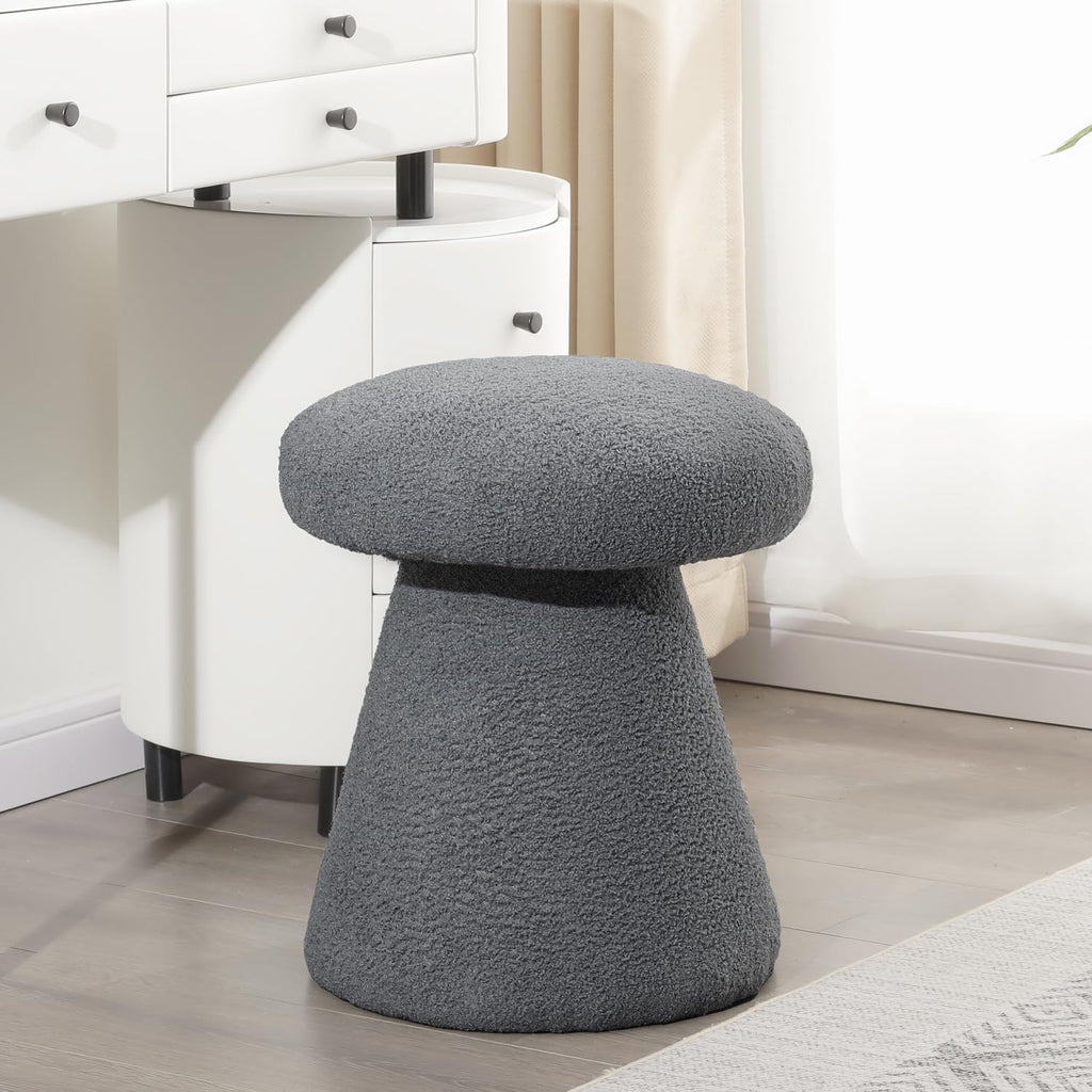 Homebeez Mushroom Ottoman Foot Stool, 18 inch Teddy Fleece Small Footrest, Round Sherpa Pouf for Living Room, Bedroom, Cute Modern Accent Seating, Slate Gray