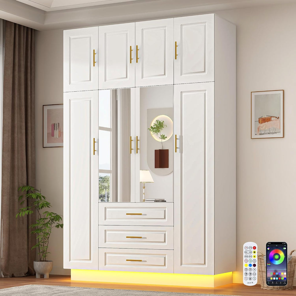 Hlivelood Large Armoire Wardrobe Closet Cabinet with Drawers and LED Lights, Multi-Tier Shelves, Hanging Rod, Large Capacity Storage 4 Door Wardrobe Armoire with Top Cabinet for Bedroom, White