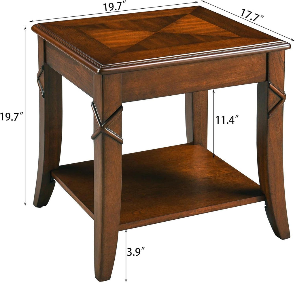 Mid-Century Modern Coffee Table Set of 3, 3-Piece Solid Wood Living Room Table Set, Coffee Table with 2 Square End Side Tables, Cherry Walnut Home Furniture for Apartment KFZ-DR200-3