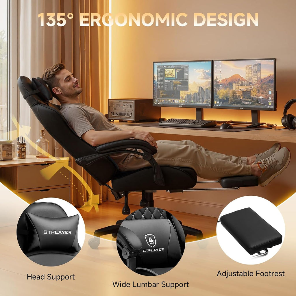 GTPLAYER Gaming Chair, High Back Leather Computer Gaming Chair with Footrest, Ergonomic Height Adjustable Office Chair with Removable Cover and Lumbar Support for Gaming & Work,Black