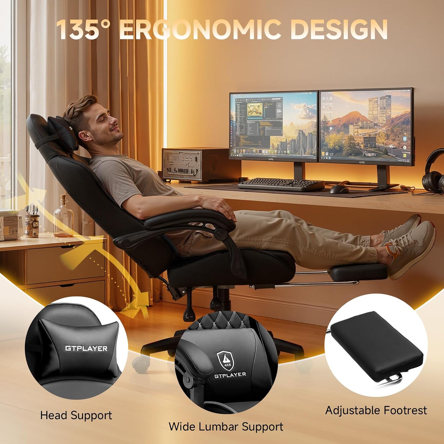 GTPLAYER Gaming Chair, High Back Leather Computer Gaming Chair with Footrest, Ergonomic Height Adjustable Office Chair with Removable Cover and Lumbar Support for Gaming & Work,Black