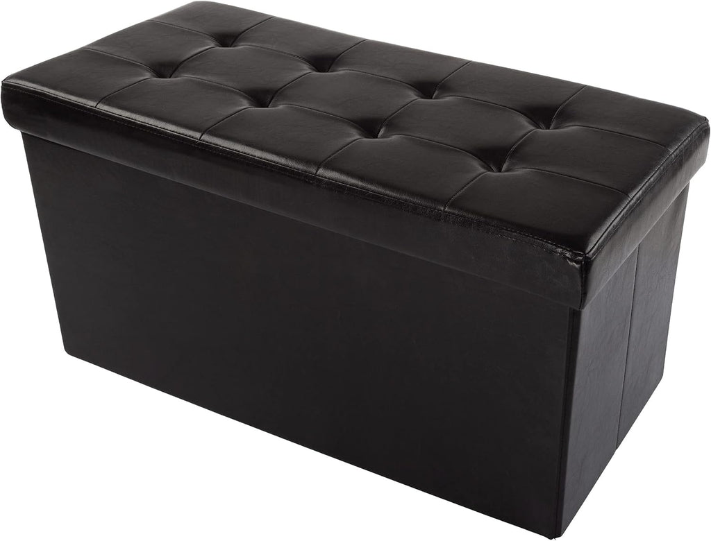 Lavish Home Storage Ottoman - 30-Inch Folding Faux Leather Footrest, Linen Chest, or Bench with Removable Bin for Living Room or Bedroom (Black)