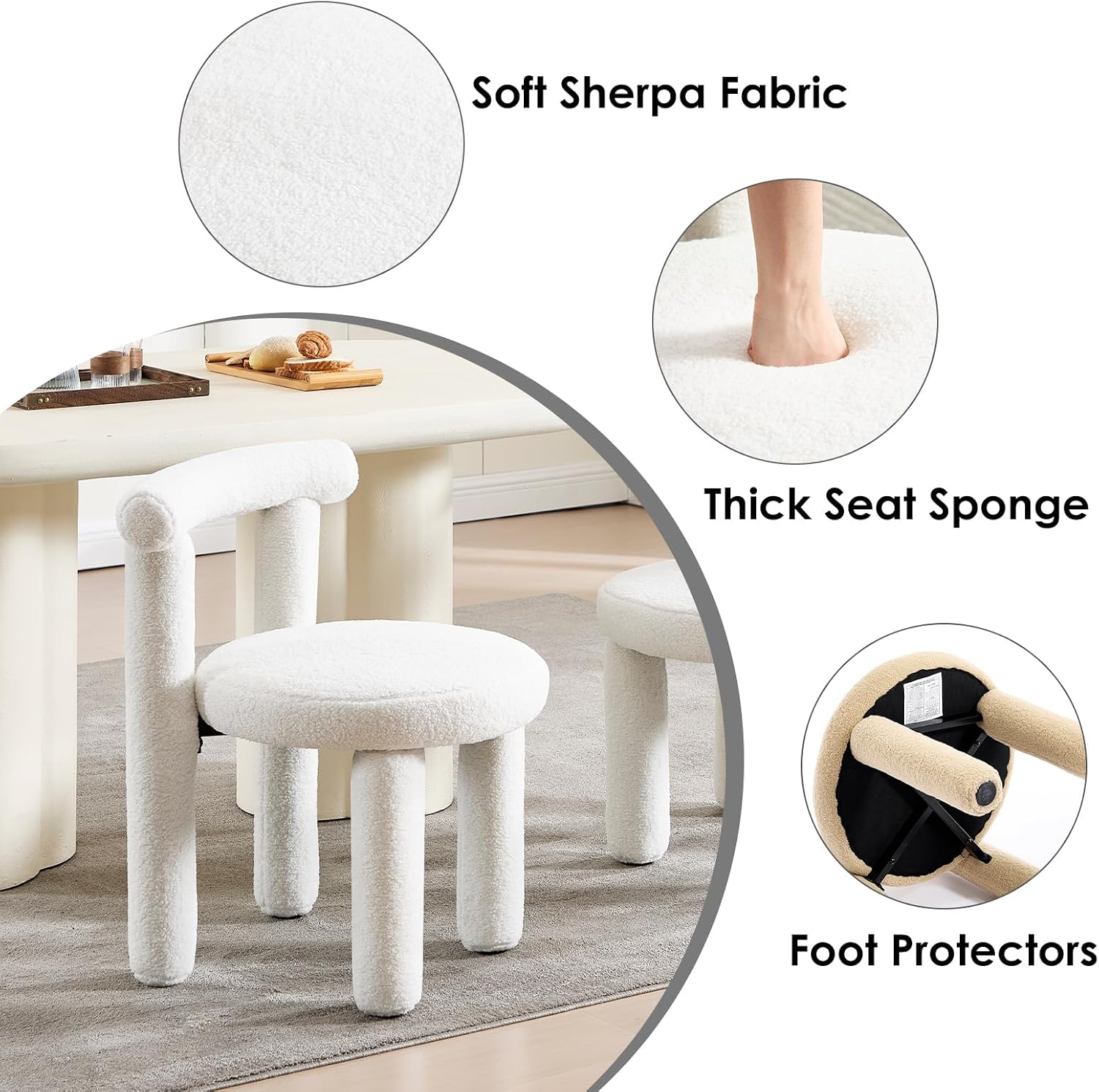 Sherpa Dining Chairs Set of 2, Comfy Boucle Fabric Dining Chairs, Upholstered Modern Kitchen Chairs with Backrest, Armless Accent Side Chair for Bedroom/Living Room, White